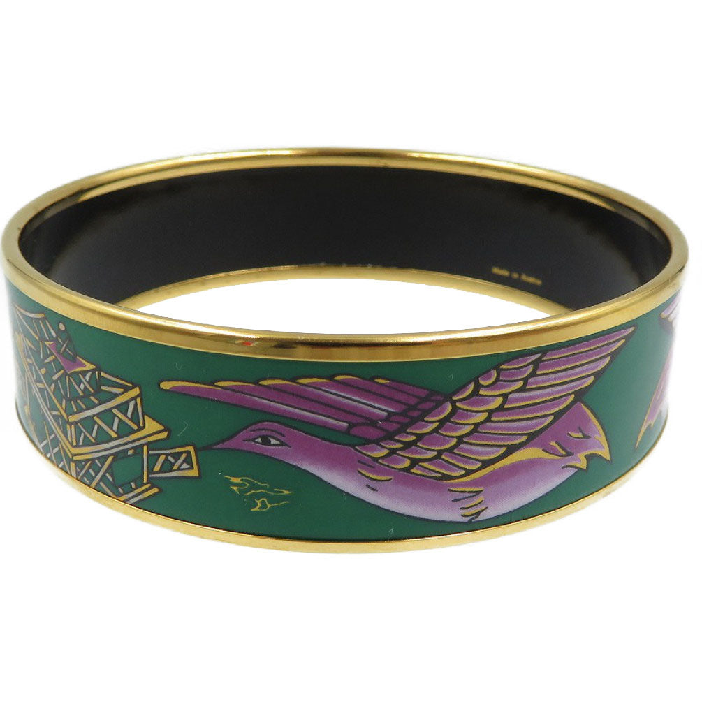 美品 エルメス エマイユGM 七宝焼き 鳥 GP グリーン パープル ゴールド バングル 0040【中古】HERMES