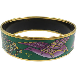 美品 エルメス エマイユGM 七宝焼き 鳥 GP グリーン パープル ゴールド バングル 0040【中古】HERMES