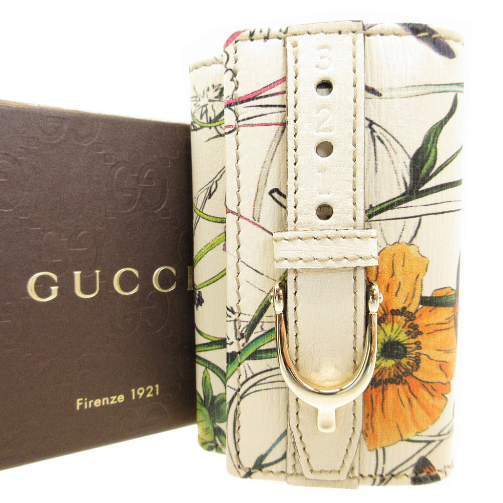美品 グッチ 309759 フローラ プリント ベルト レザー ホワイト 白 6連 キーケース 0062【中古】GUCCI