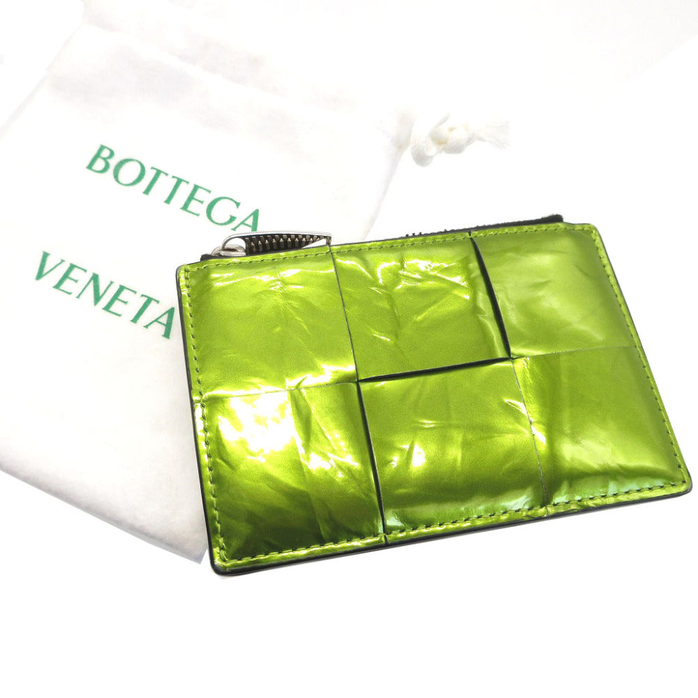 新品同様 ボッテガヴェネタ マキシイントレチャート レザー メタリックグリーン 緑 コインケース 財布 0071【中古】BOTTEGA VENETA