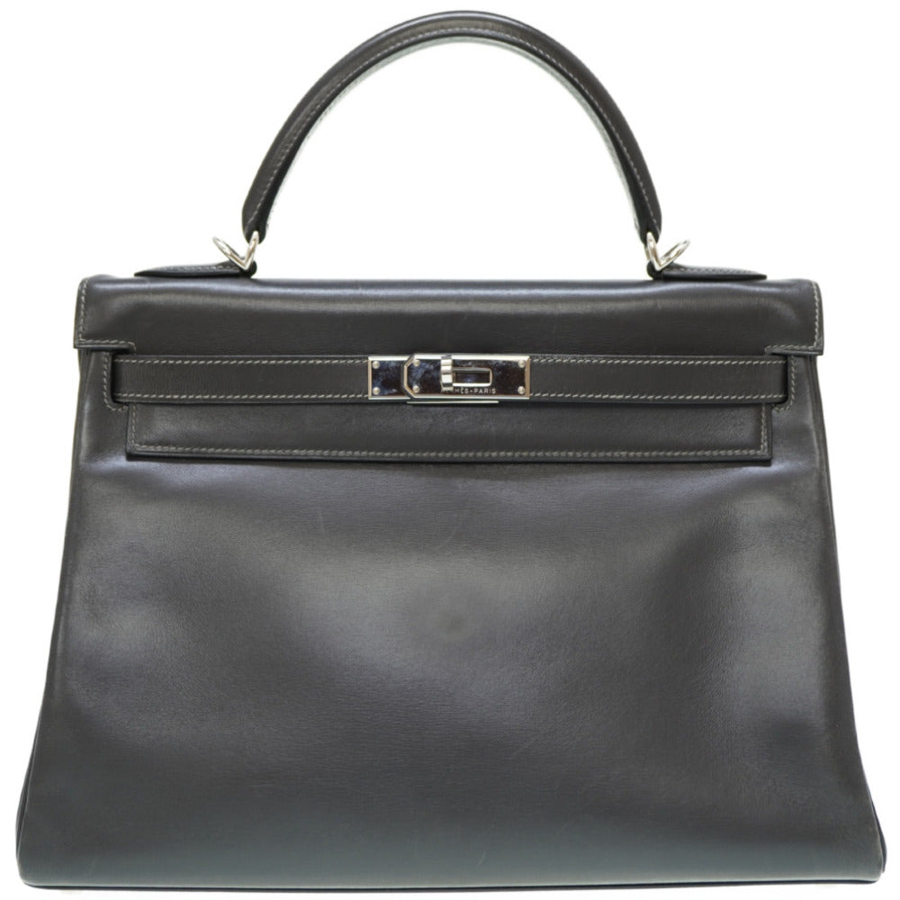 エルメス ケリー32 ボックスカーフ グラファイト シルバー金具 ハンドバッグ □E刻印 グレー 0106【中古】HERMES