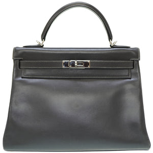 エルメス ケリー32 ボックスカーフ グラファイト シルバー金具 ハンドバッグ □E刻印 グレー 0106【中古】HERMES