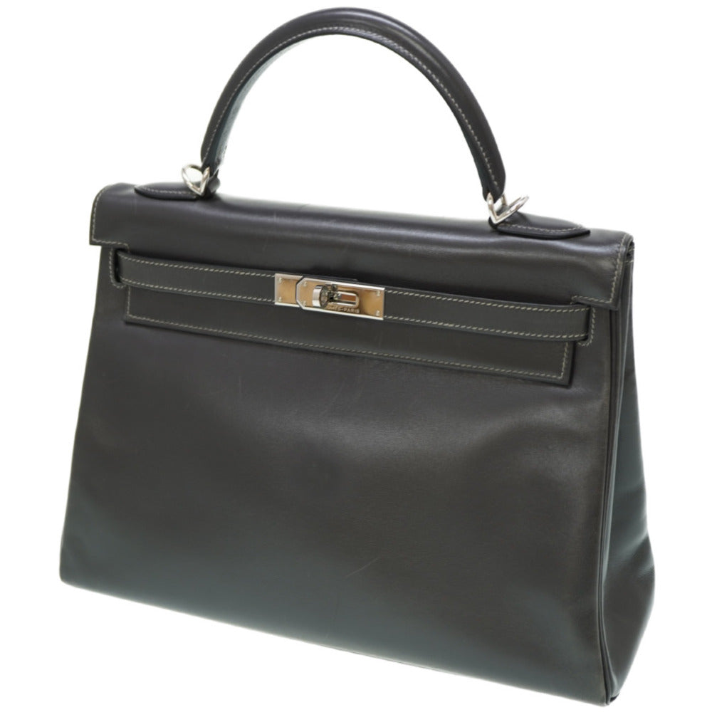 エルメス ケリー32 ボックスカーフ グラファイト シルバー金具 ハンドバッグ □E刻印 グレー 0106【中古】HERMES