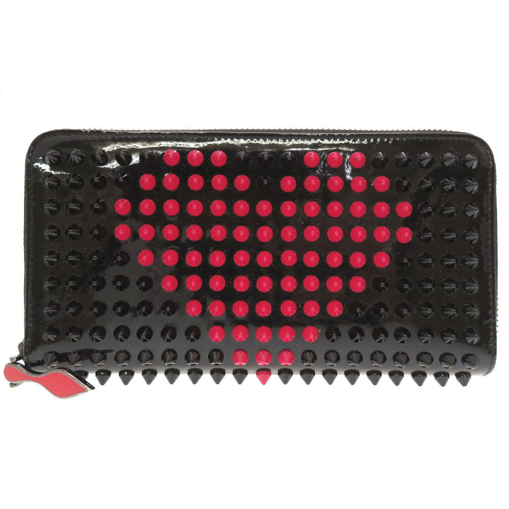 美品 クリスチャン ルブタン パネトーネ スパイク スタッズ バレンタイン限定 パテントレザー ブラック ピンク 1155017 ラウンドファスナー長財布 財布 黒 0132 【中古】 Christian Louboutin