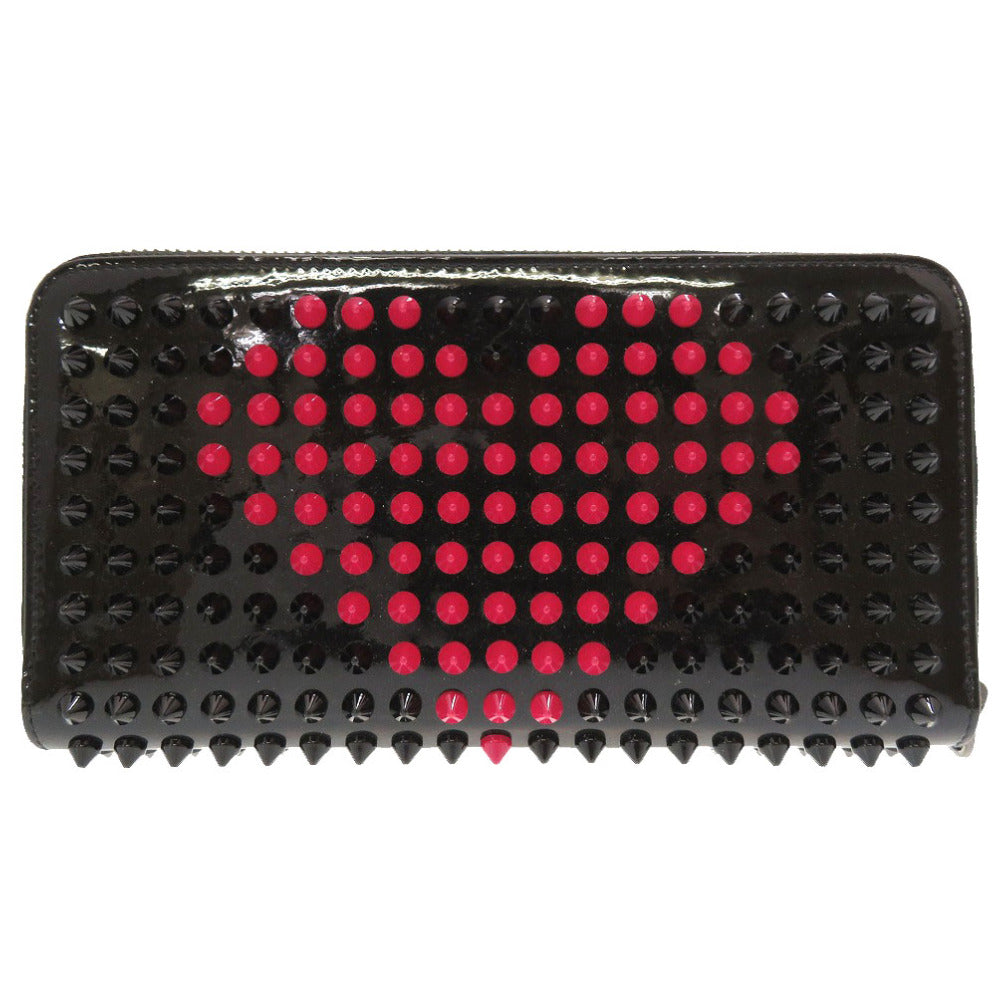 美品 クリスチャン ルブタン パネトーネ スパイク スタッズ バレンタイン限定 パテントレザー ブラック ピンク 1155017 ラウンドファスナー長財布 財布 黒 0132 【中古】 Christian Louboutin