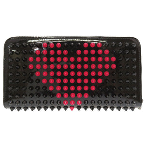 美品 クリスチャン ルブタン パネトーネ スパイク スタッズ バレンタイン限定 パテントレザー ブラック ピンク 1155017 ラウンドファスナー長財布 財布 黒 0132 【中古】 Christian Louboutin