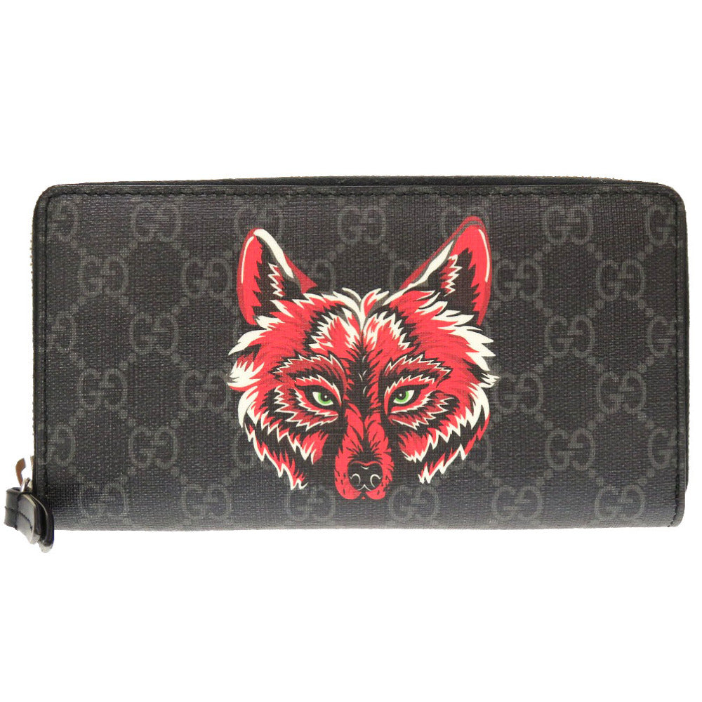 未使用 グッチ GGスプリーム ウルフ アニマルプリント 451273 ラウンドファスナー 長財布 ブラック 財布 黒 狼 0152 【中古】 GUCCI メンズ