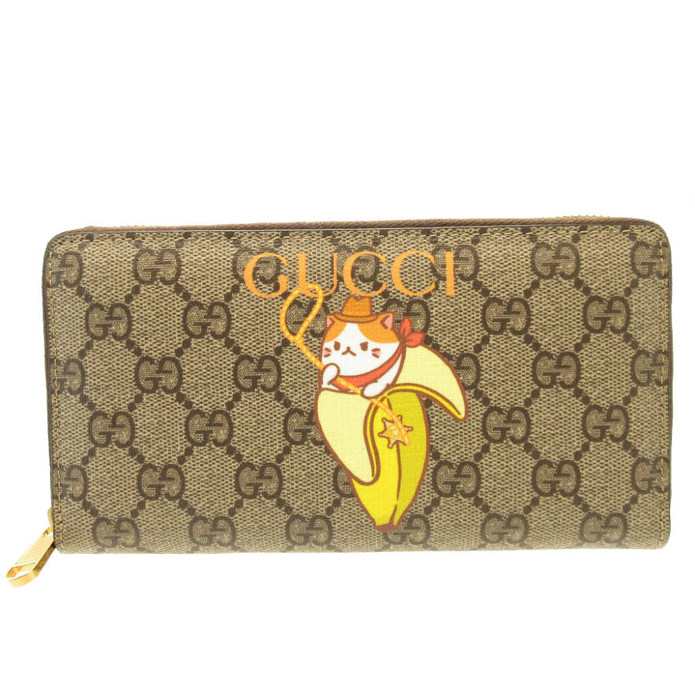 新品 グッチ ばなにゃプリント 701060 GGスプリーム レザー ベージュ ブラウン 茶 ラウンドファスナー長財布 財布 0175【中古】GUCCI