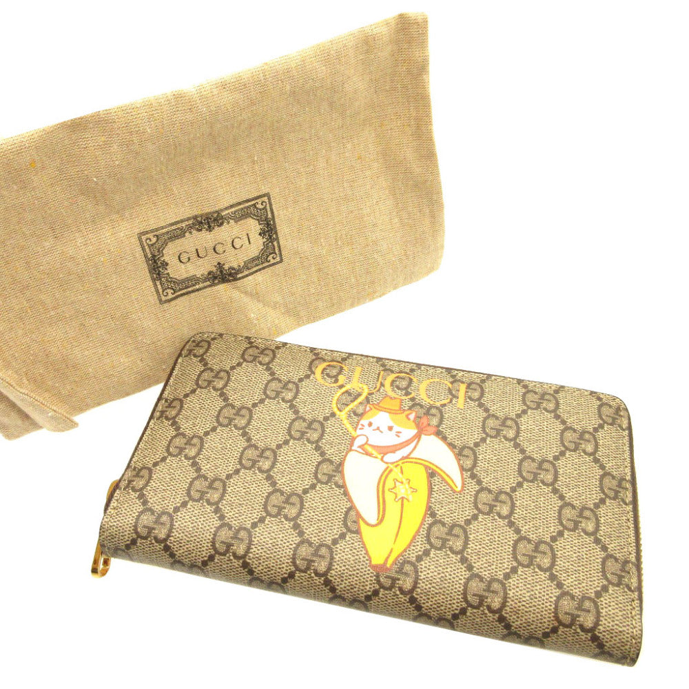 新品 グッチ ばなにゃプリント 701060 GGスプリーム レザー ベージュ ブラウン 茶 ラウンドファスナー長財布 財布 0175【中古】GUCCI
