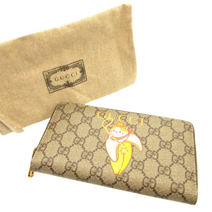 新品 グッチ ばなにゃプリント 701060 GGスプリーム レザー ベージュ ブラウン 茶 ラウンドファスナー長財布 財布 0175【中古】GUCCI