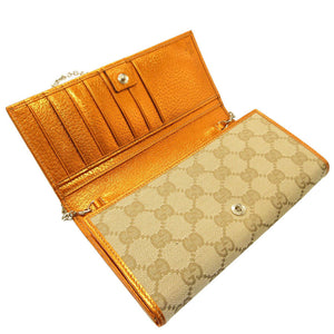 未使用 グッチ チェーンウォレット 170426 GGキャンバス レザー ベージュ オレンジ 2つ折り長財布 財布 0176【中古】GUCCI
