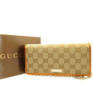 未使用 グッチ チェーンウォレット 170426 GGキャンバス レザー ベージュ オレンジ 2つ折り長財布 財布 0176【中古】GUCCI