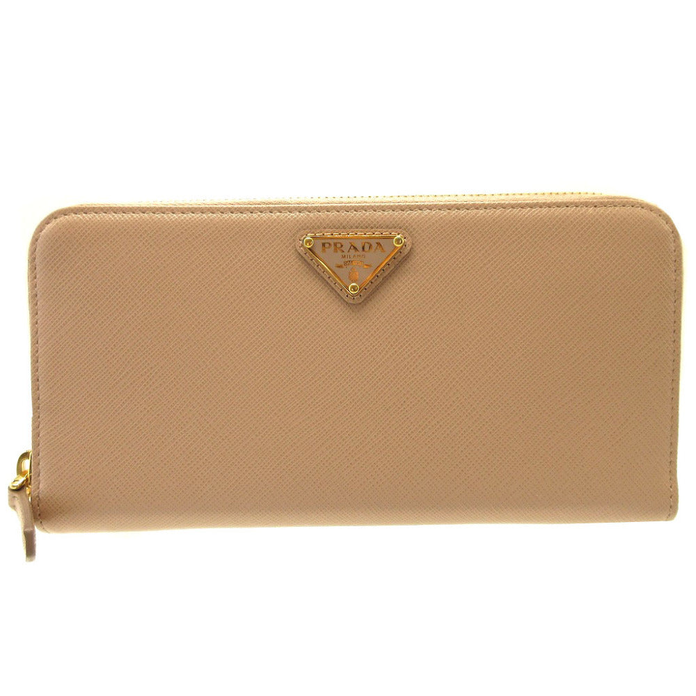 新品同様 プラダ 三角プレート サフィアーノレザー ピンクベージュ ラウンドファスナー長財布 財布 0177【中古】PRADA