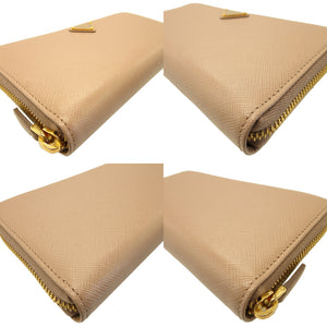 新品同様 プラダ 三角プレート サフィアーノレザー ピンクベージュ ラウンドファスナー長財布 財布 0177【中古】PRADA