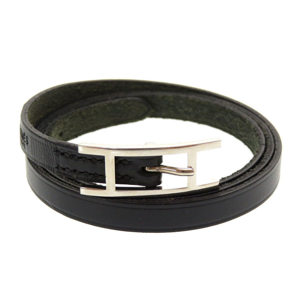 エルメス アピ3 レザー ブラック シルバー金具 □E刻印 ブレスレット アクセサリー 黒 0183 【中古】 HERMES
