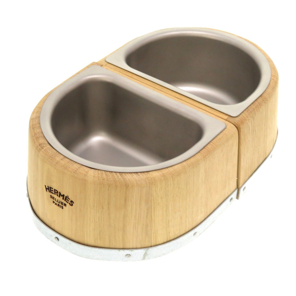 未使用 エルメス 犬用ボウル PM シェーヌダンクル ウッド ステンレススチール フードボールセット ドッグボウル  0184 【中古】 HERMES