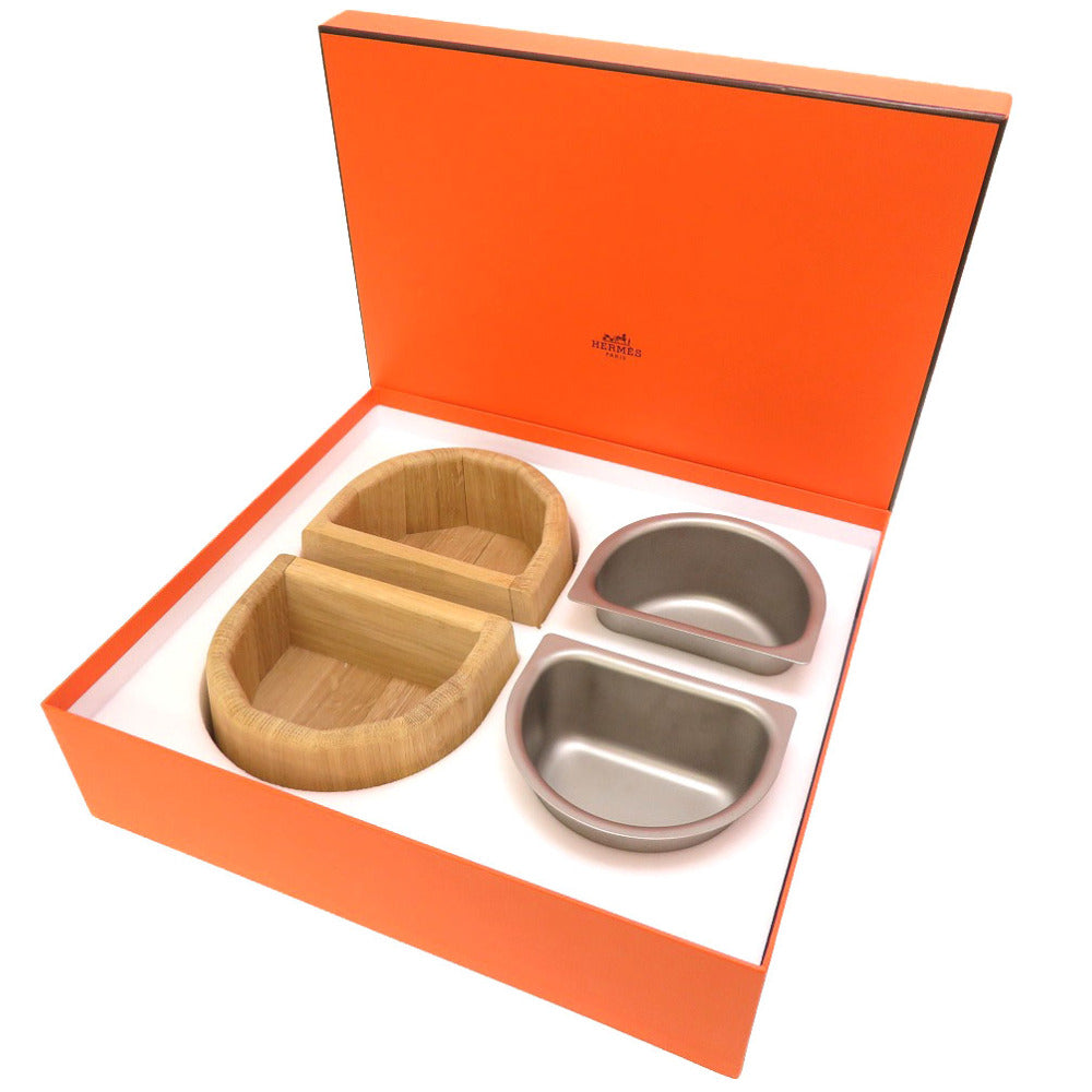 未使用 エルメス 犬用ボウル PM シェーヌダンクル ウッド ステンレススチール フードボールセット ドッグボウル  0184 【中古】 HERMES