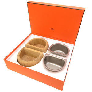 未使用 エルメス 犬用ボウル PM シェーヌダンクル ウッド ステンレススチール フードボールセット ドッグボウル  0184 【中古】 HERMES