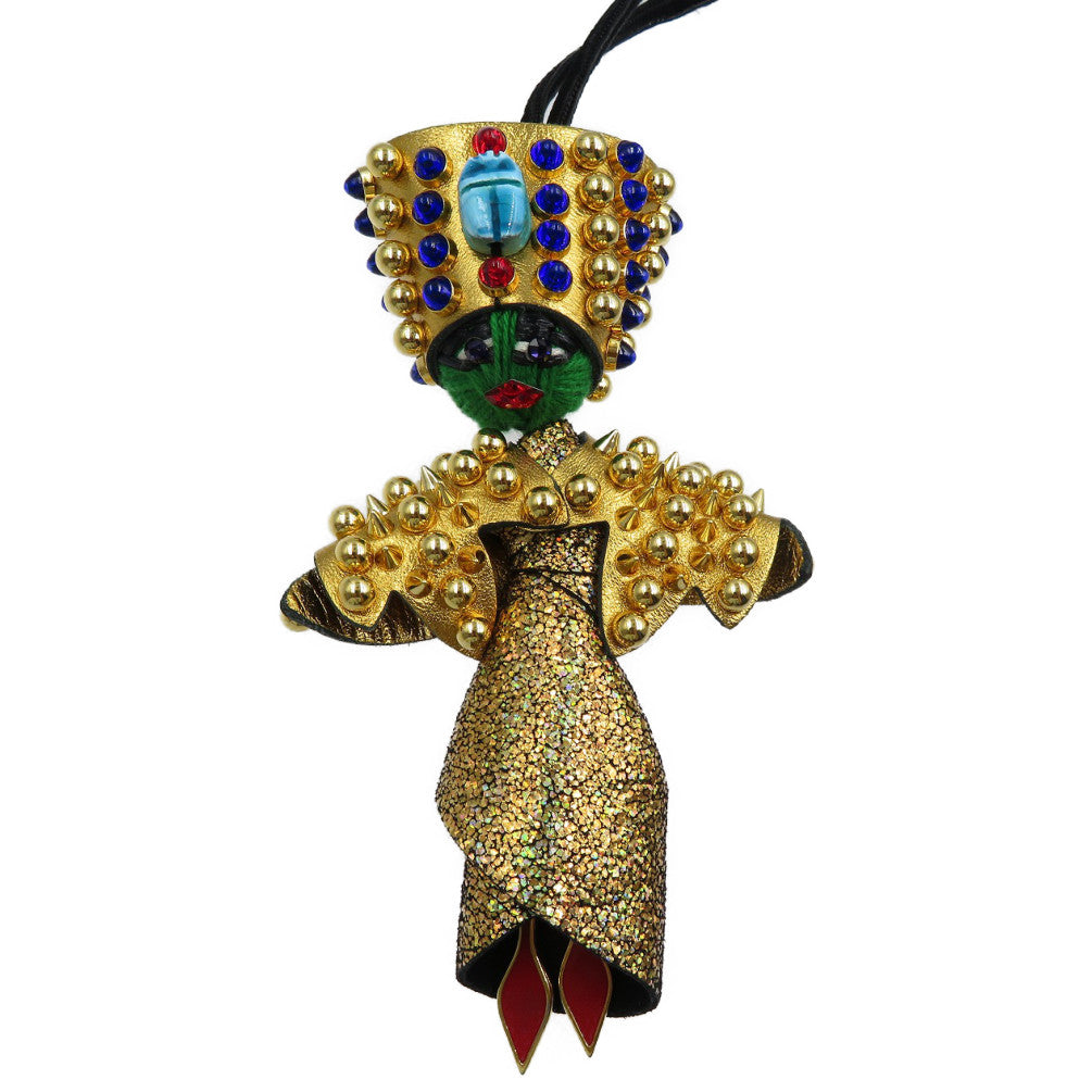 未使用 クリスチャン・ルブタン ネフェルティティ レザー カラーストーン スタッズ ゴールド金具 ストラップ バッグチャーム 0223【中古】Christian Louboutin