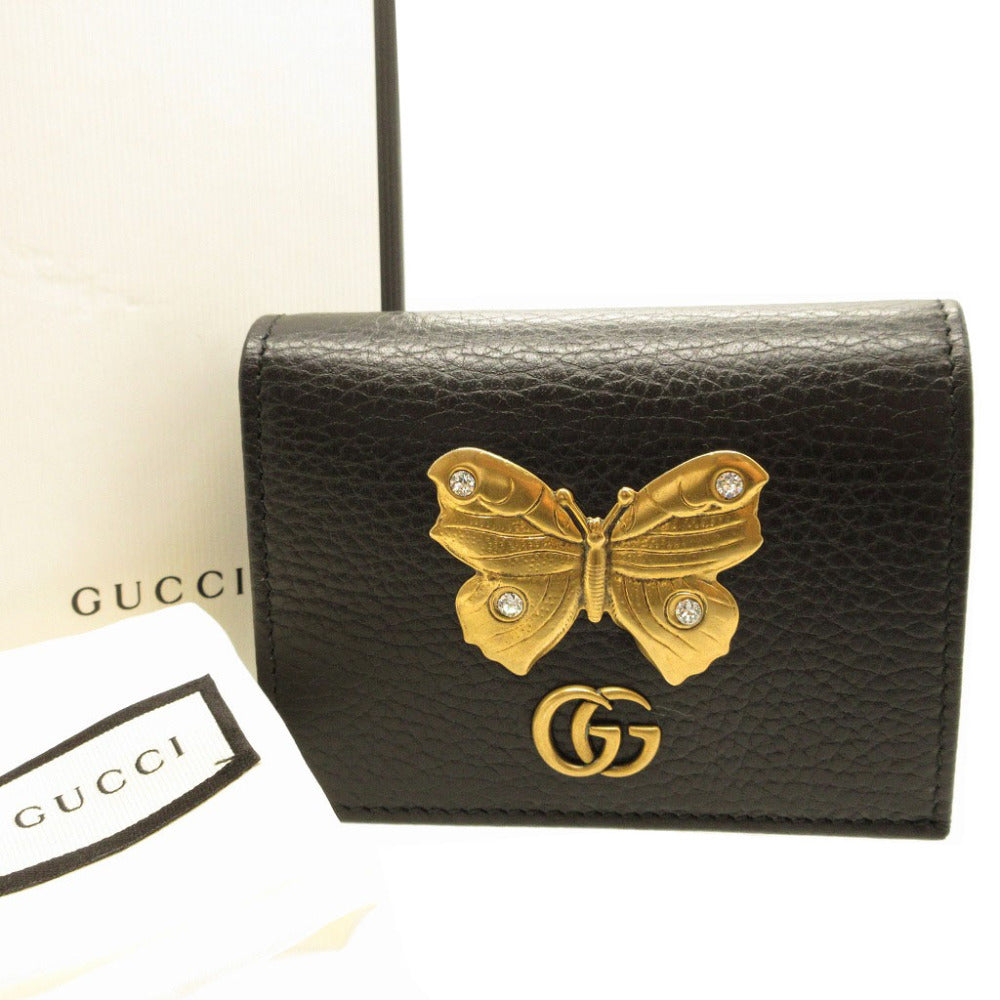 新品同様 グッチ GGマーモント 499361 コンパクトウォレット バタフライ ラインストーン レザー ブラック 黒 2つ折り財布 財布 0063【中古】GUCCI