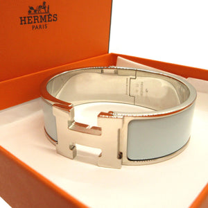 新品同様 エルメス クリッククラックGM □Q刻印(2013年製) メタル 水色 シルバー ブレスレット バングル 0070【中古】HERMES