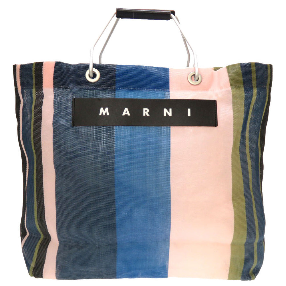 新品同様 マルニ フラワーカフェ ストライプ トートバッグ ナイロン ブルー ピンク 0097 【中古】 MARNI