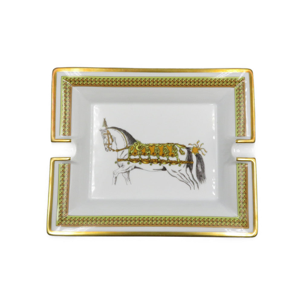 未使用 エルメス アッシュトレイ 馬 陶器  ホワイト ゴールド イエロー 灰皿 0137【中古】HERMES