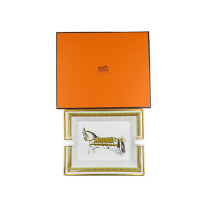未使用 エルメス アッシュトレイ 馬 陶器  ホワイト ゴールド イエロー 灰皿 0137【中古】HERMES
