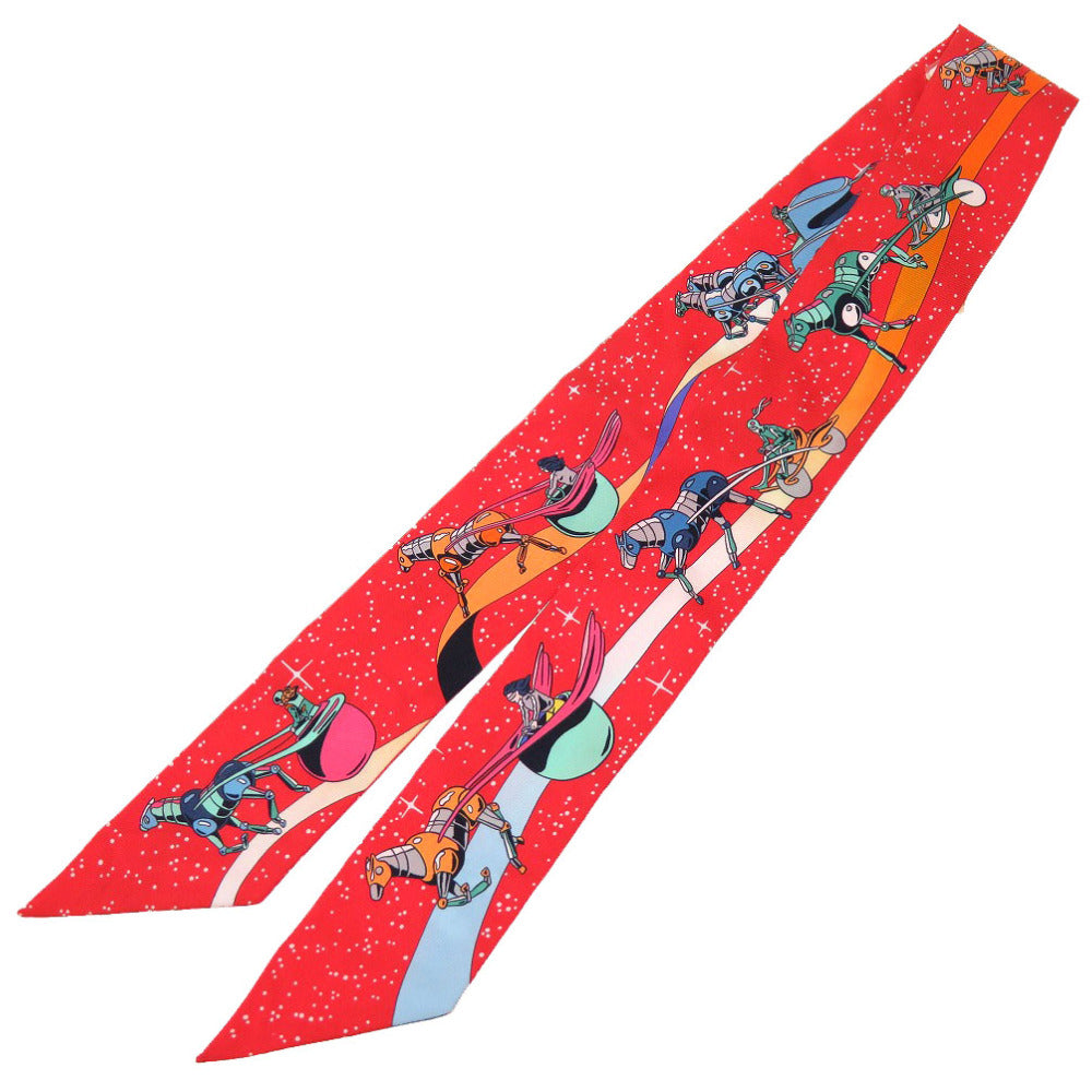 未使用 エルメス ツイリー スペースダービー Space Derby シルク ルージュ ヴェール ブルー スカーフ 赤 0012 【中古】 HERMES