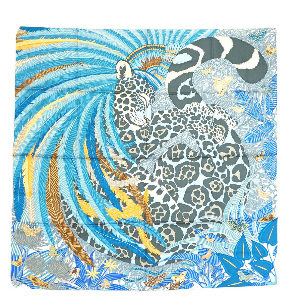 新品同様 エルメス カレ90 Jaguar Quetzal ジャガーケツァール スカーフ シルク ブルー 0019【中古】HERMES