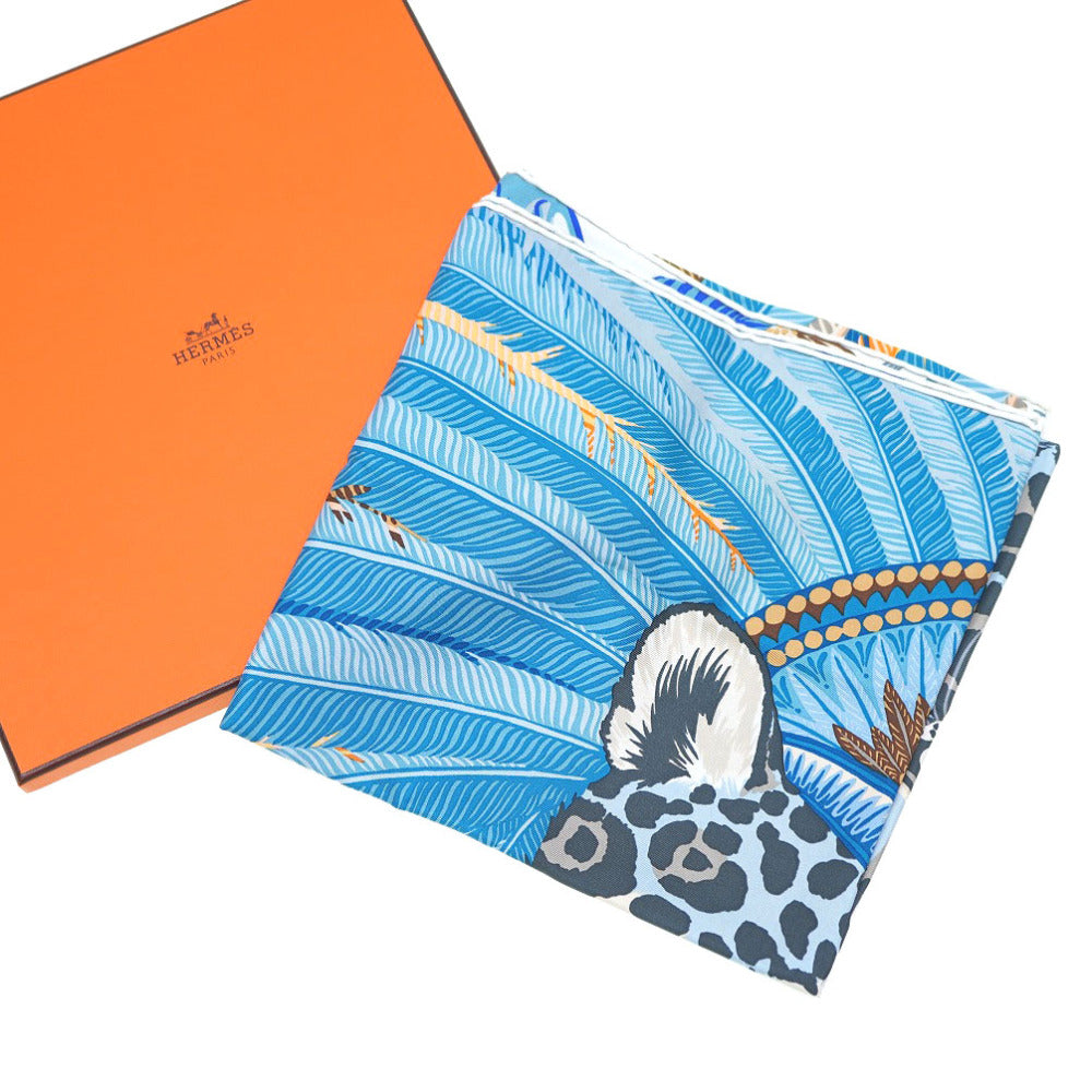 新品同様 エルメス カレ90 Jaguar Quetzal ジャガーケツァール スカーフ シルク ブルー 0019【中古】HERMES