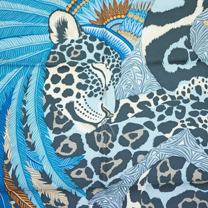 新品同様 エルメス カレ90 Jaguar Quetzal ジャガーケツァール スカーフ シルク ブルー 0019【中古】HERMES