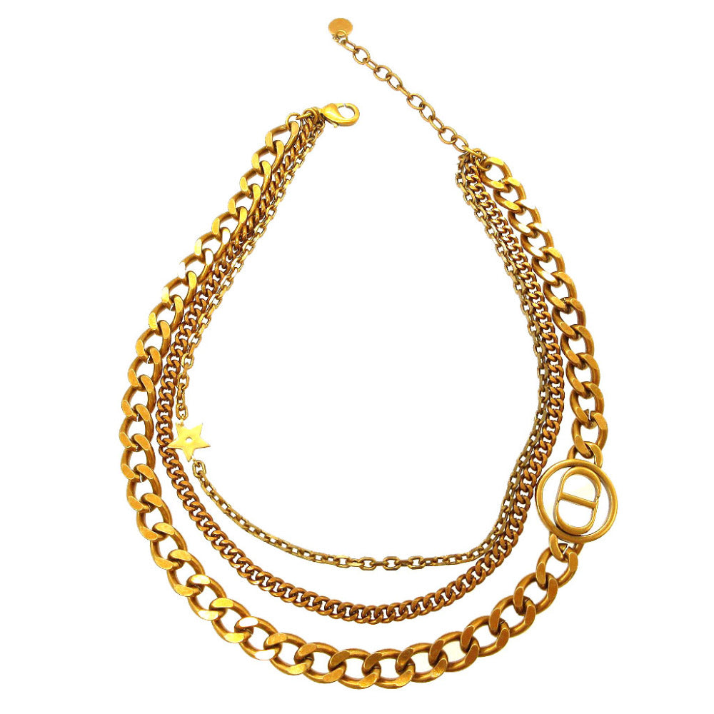 新品同様 クリスチャンディオール 3連 チェーン CDロゴ メタル ゴールド チョーカー ネックレス 0087【中古】Christian Dior
