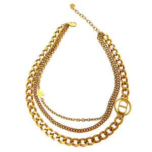 新品同様 クリスチャンディオール 3連 チェーン CDロゴ メタル ゴールド チョーカー ネックレス 0087【中古】Christian Dior