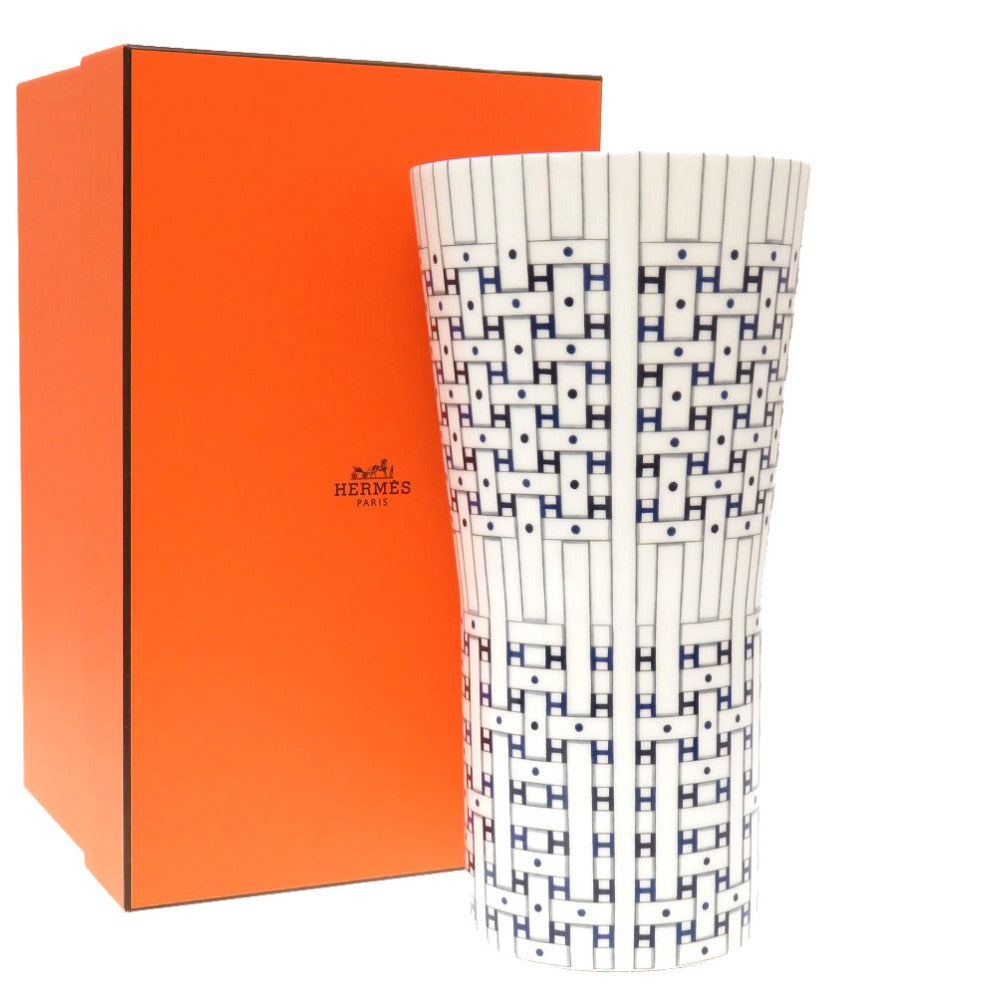 未使用 エルメス Canopee Le Son du H vase medium model 花瓶 ポーセリン コルク ブルーアンクル ホワイト インテリア 0118 【中古】 HERMES