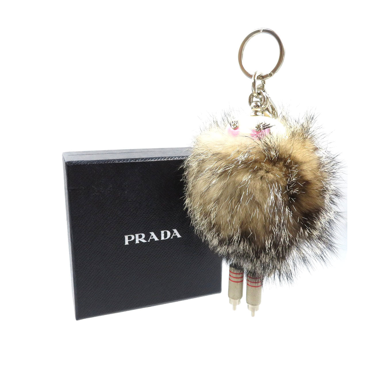 未使用 プラダ トリック ロボット 1TR038 モヘア シルバー金具 ベージュ キーホルダー バッグチャーム 0128【中古】PRADA