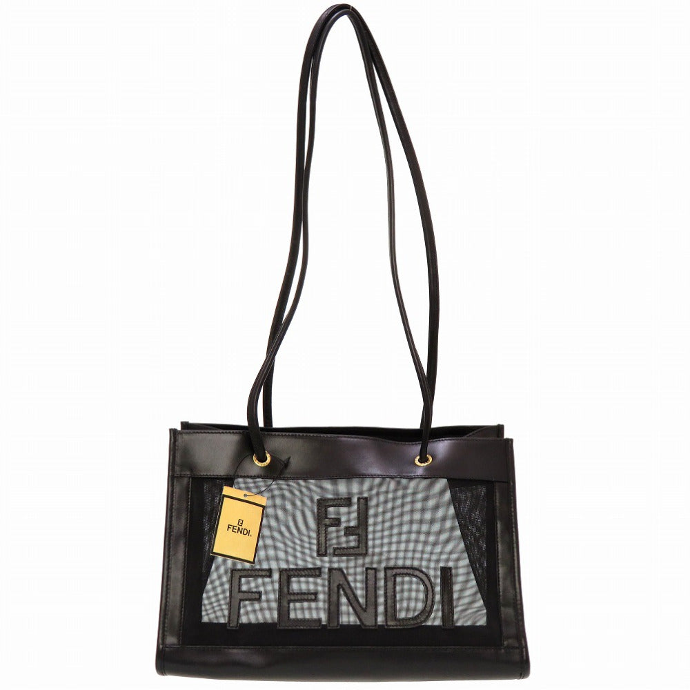 美品 フェンディ メッシュ ロゴ レザー ブラック トートバッグ バッグ 黒 0142 【中古】 FENDI