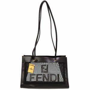 美品 フェンディ メッシュ ロゴ レザー ブラック トートバッグ バッグ 黒 0142 【中古】 FENDI