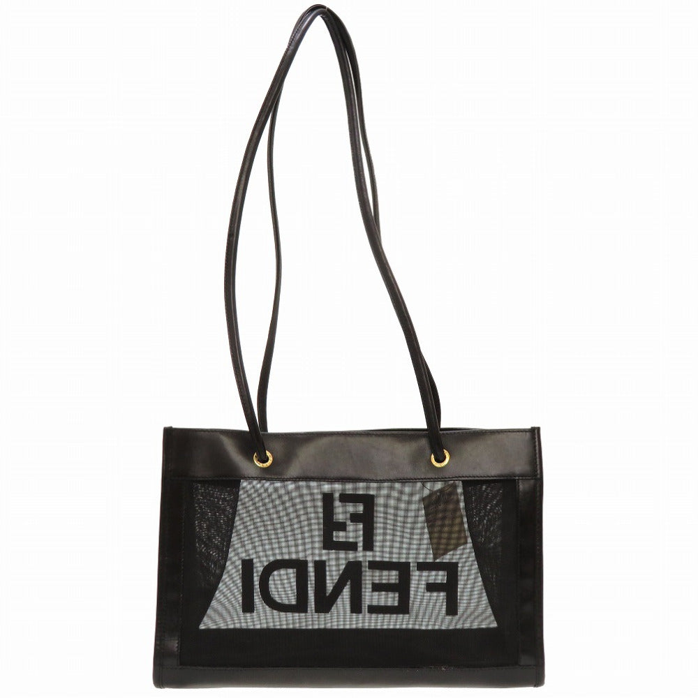 美品 フェンディ メッシュ ロゴ レザー ブラック トートバッグ バッグ 黒 0142 【中古】 FENDI