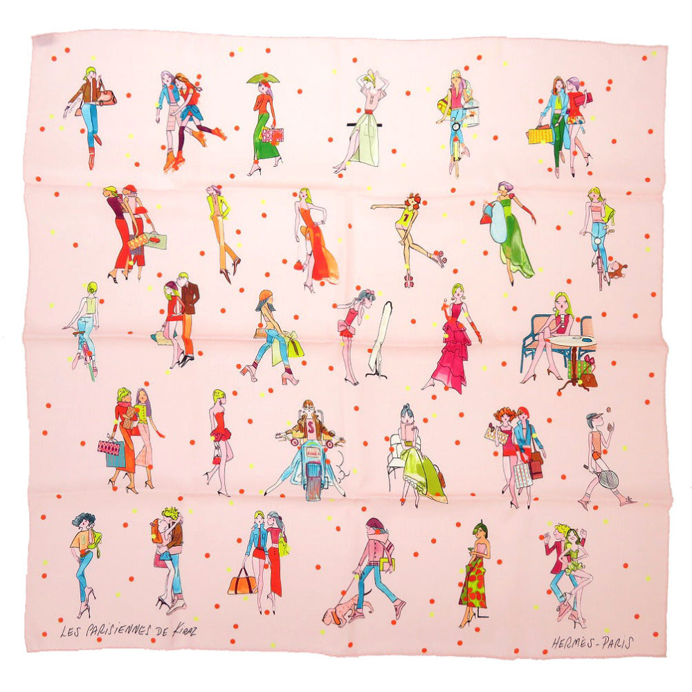 美品 エルメス カレ70 LES PARISIENNES DE KIRAZ パリジェンヌ シルク ピンク スカーフ 0143 【中古】 HERMES