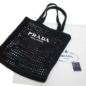 新品同様 プラダ ラフィア トートバッグ 1BG393 ブラック 黒 編み込み 0107【中古】PRADA