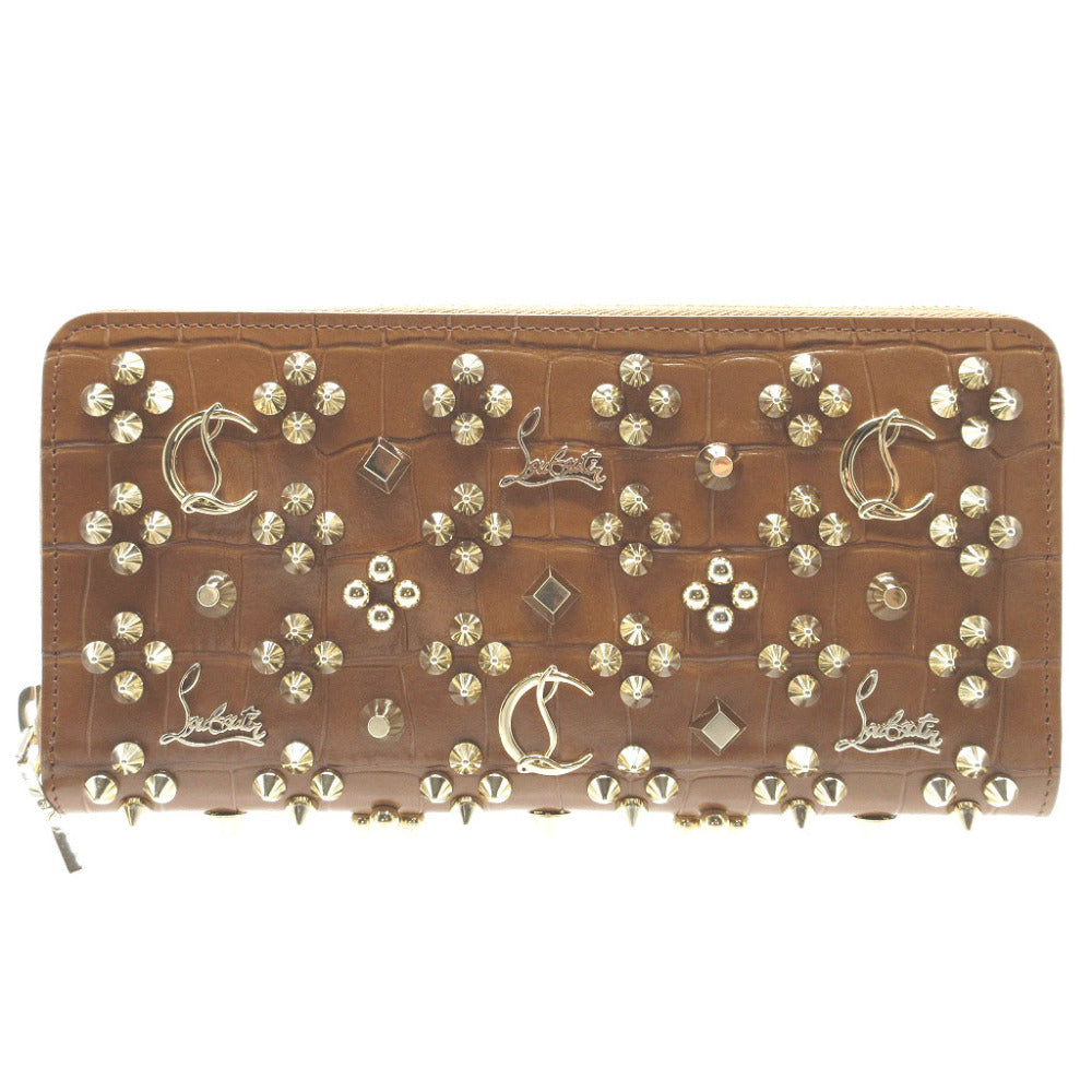 未使用 クリスチャンルブタン パネトーネ スタッズ レザー ブラウン 茶 ラウンドファスナー長財布 財布 0113【中古】Christian Louboutin