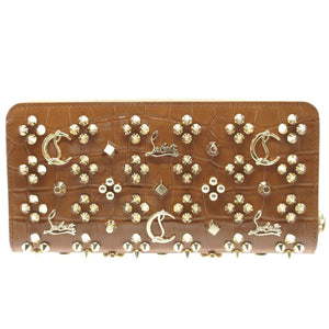 未使用 クリスチャンルブタン パネトーネ スタッズ レザー ブラウン 茶 ラウンドファスナー長財布 財布 0113【中古】Christian Louboutin