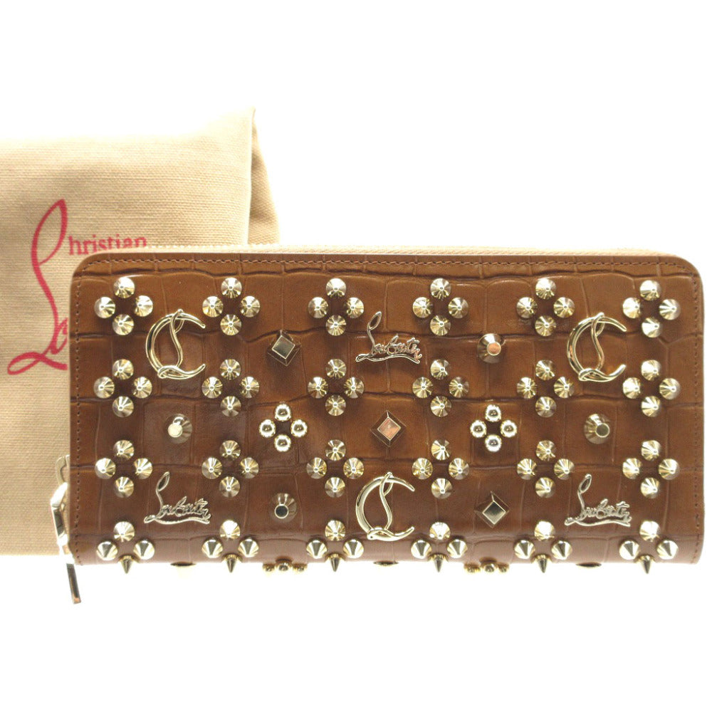 未使用 クリスチャンルブタン パネトーネ スタッズ レザー ブラウン 茶 ラウンドファスナー長財布 財布 0113【中古】Christian Louboutin