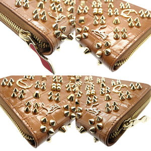 未使用 クリスチャンルブタン パネトーネ スタッズ レザー ブラウン 茶 ラウンドファスナー長財布 財布 0113【中古】Christian Louboutin