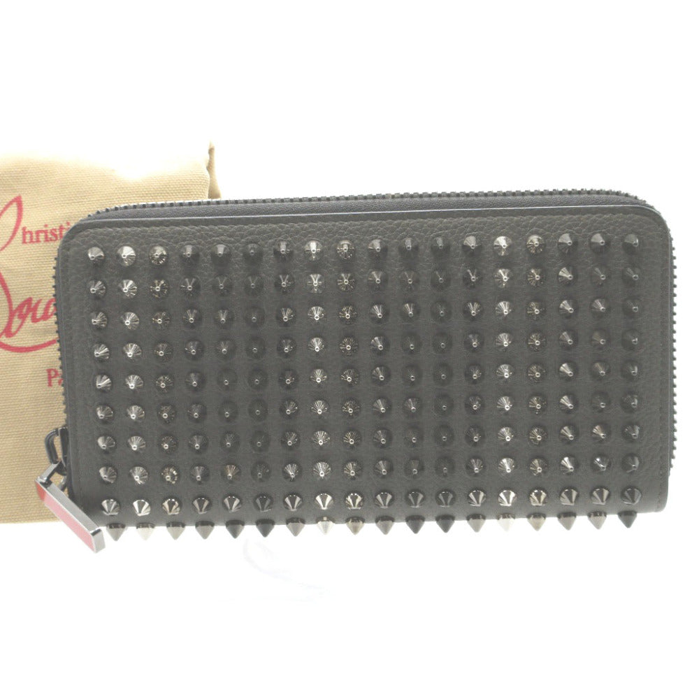 美品 クリスチャンルブタン パネトーネ スタッズ レザー グレー ラウンドファスナー長財布 財布 0114【中古】Christian Louboutin