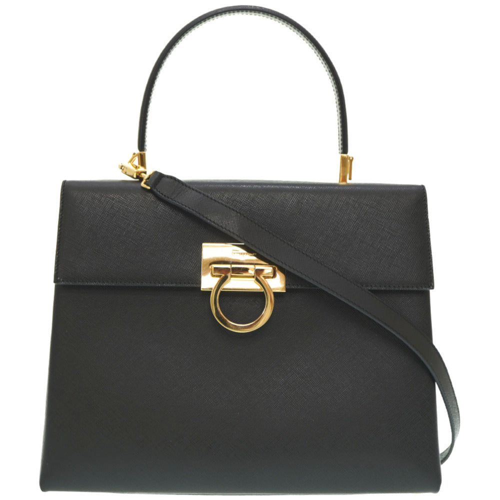 美品 フェラガモ ガンチーニ BA-21 0290 ハンドバッグ レザー ブラック 黒 ゴールド金具 ストラップ付 0008【中古】Salvatore Ferragamo