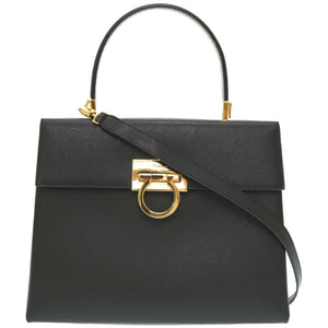 美品 フェラガモ ガンチーニ BA-21 0290 ハンドバッグ レザー ブラック 黒 ゴールド金具 ストラップ付 0008【中古】Salvatore Ferragamo