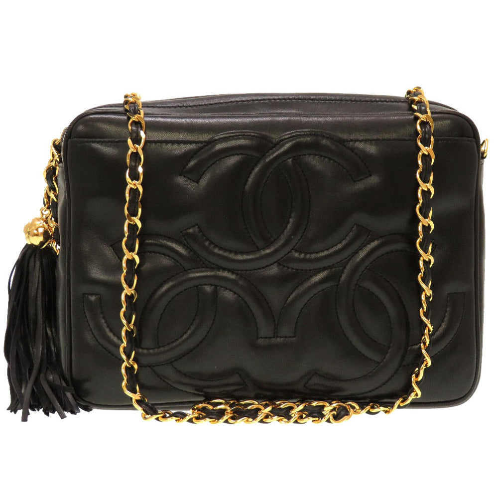 美品 シャネル トリプルココマーク フリンジ 3番台 ラムスキン ブラック ゴールドチェーンショルダーバッグ バッグ 黒 0014 【中古】 CHANEL