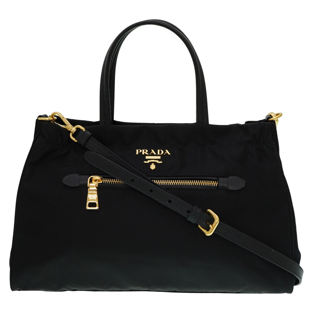 美品 プラダ 2WAY ナイロン 1BA843 2WAY トートバッグ ブラック ストラップ付 黒 0019【中古】PRADA